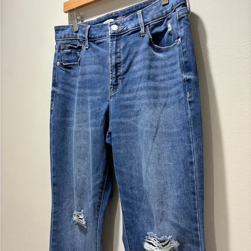 OLD NAVY Women’s Power Slim Straight High Rise Medium Wash Distressed Jeans 12